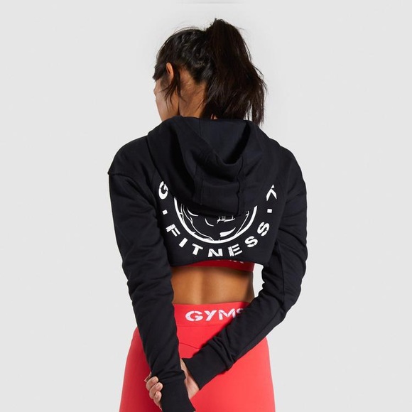 Gymshark Tops - Gymshark Black Cropped Hoodie with White Logo